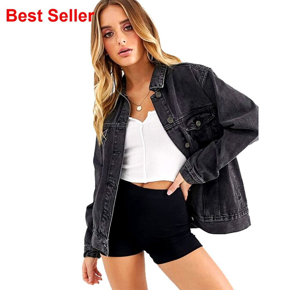 Oversized Boyfriend Denim Jacket Long Sleeve Loose Fit 100% Cotton